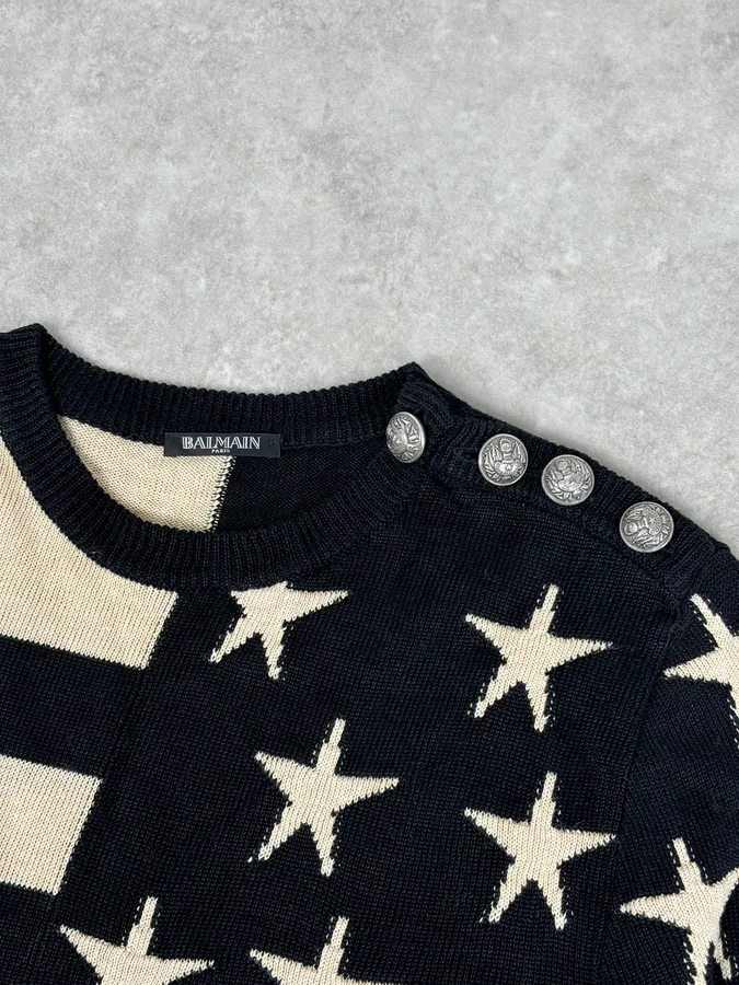 SS2016 Balmain Black Cream Linen Stars Ripped Sweater - Image 7