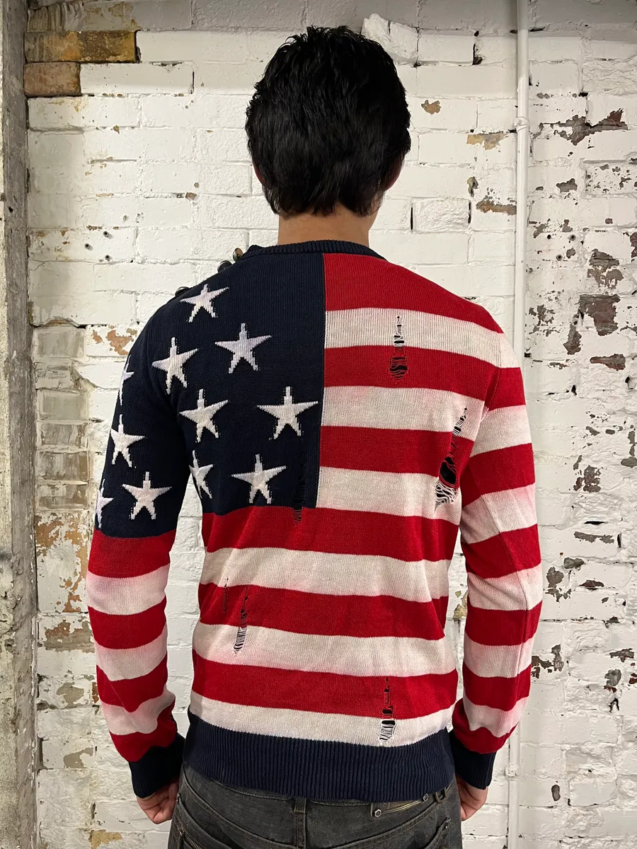 SS2016 Balmain USA Flag Distressed Buttoned Sweater - Image 3