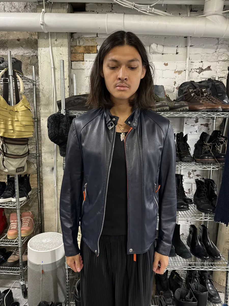 SS2016 Dior Homme Navy Leather Orange Lining Jacket - Image 4