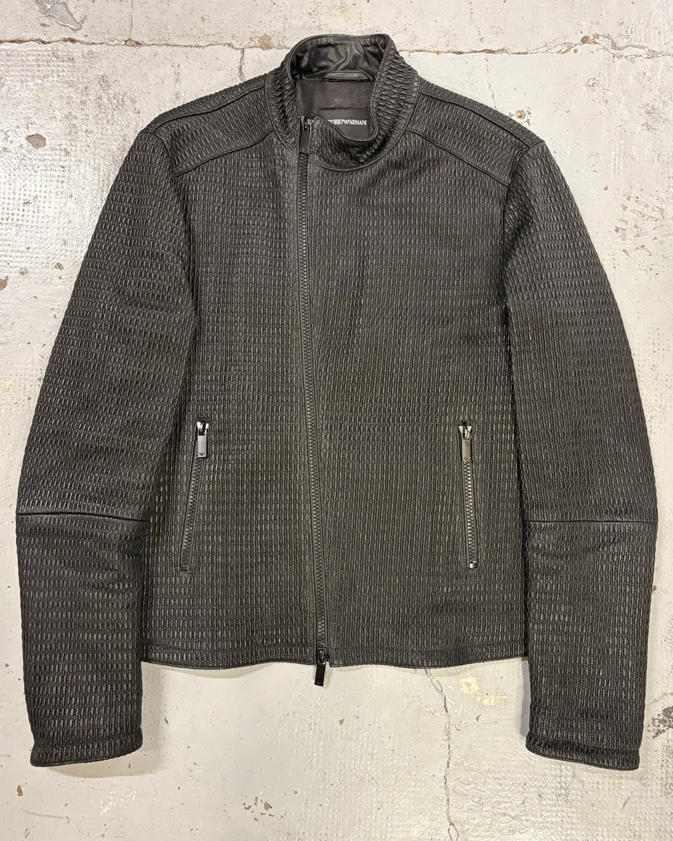 SS2016 Emporio Armani Black Asymmetrical Waffle Leather Jacket