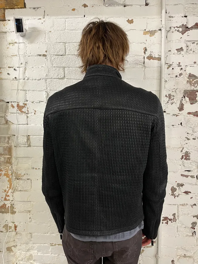 SS2016 Emporio Armani Black Asymmetrical Waffle Leather Jacket - Image 3