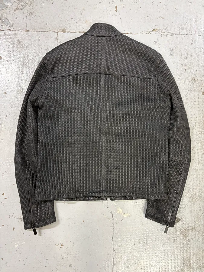 SS2016 Emporio Armani Black Asymmetrical Waffle Leather Jacket - Image 5