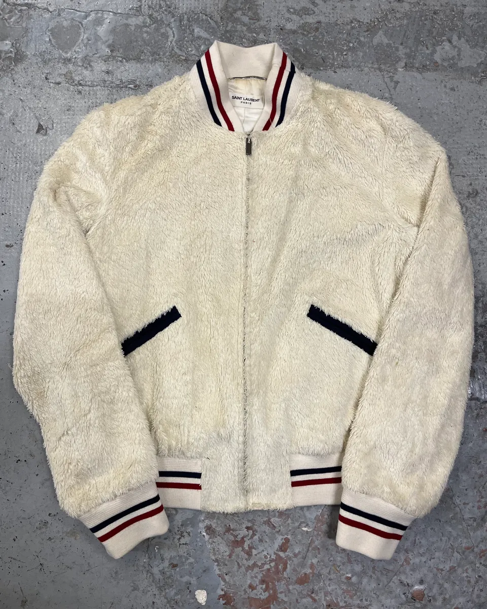 SS2016 Saint Laurent Cream Faux Fur Bomber Jacket