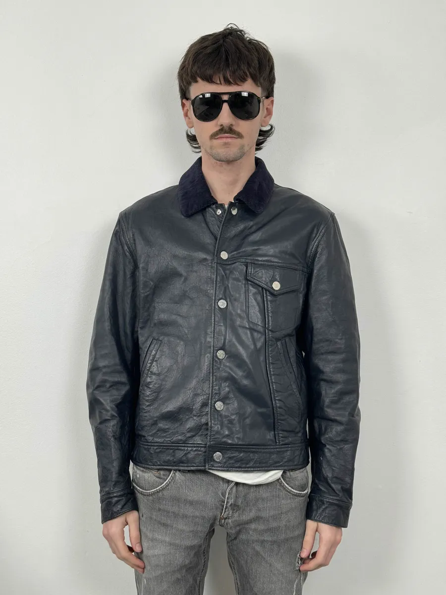 SS2017 Acne Studios Arno Velvet Collar Navy Leather Jacket - Image 2