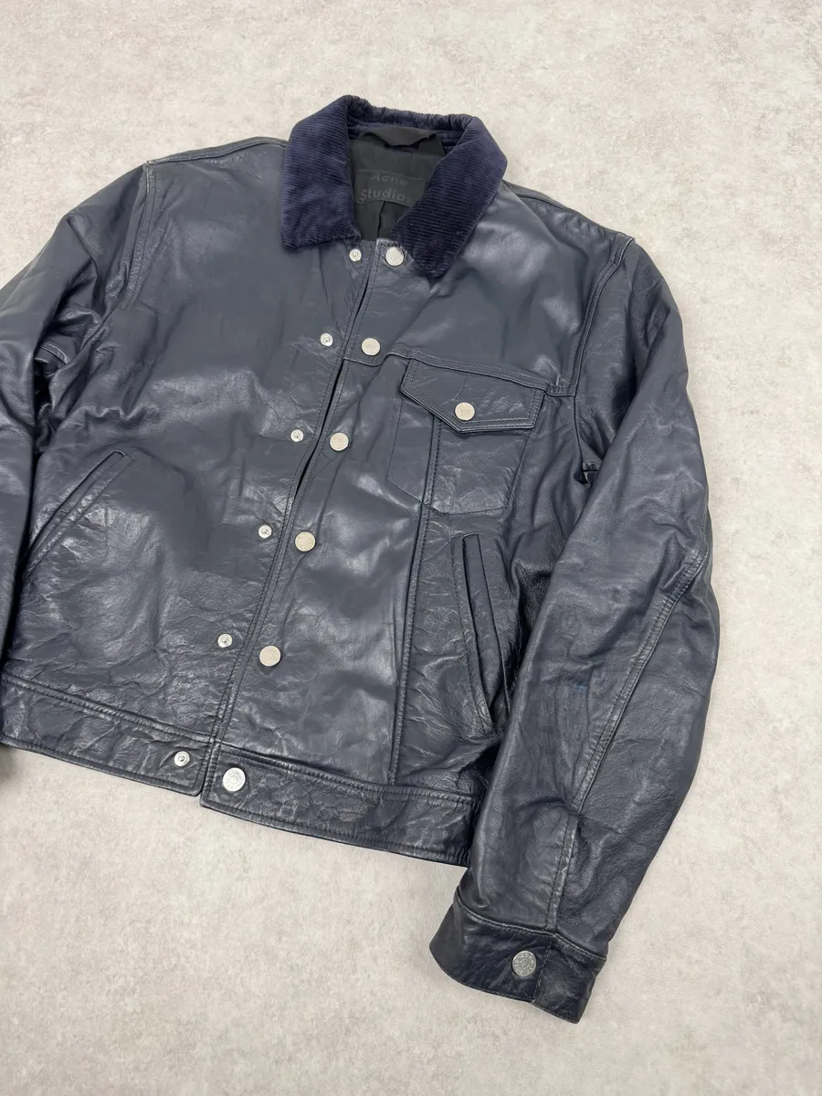 SS2017 Acne Studios Arno Velvet Collar Navy Leather Jacket - Image 6