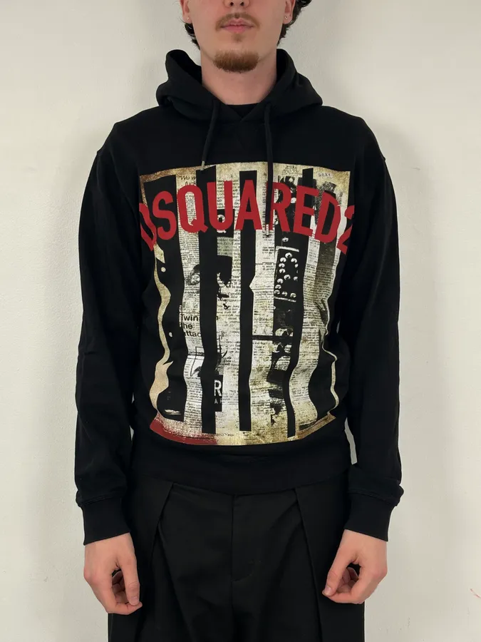 SS2017 Dsquared2 Black Newspapers Logo Hoodie - Image 2