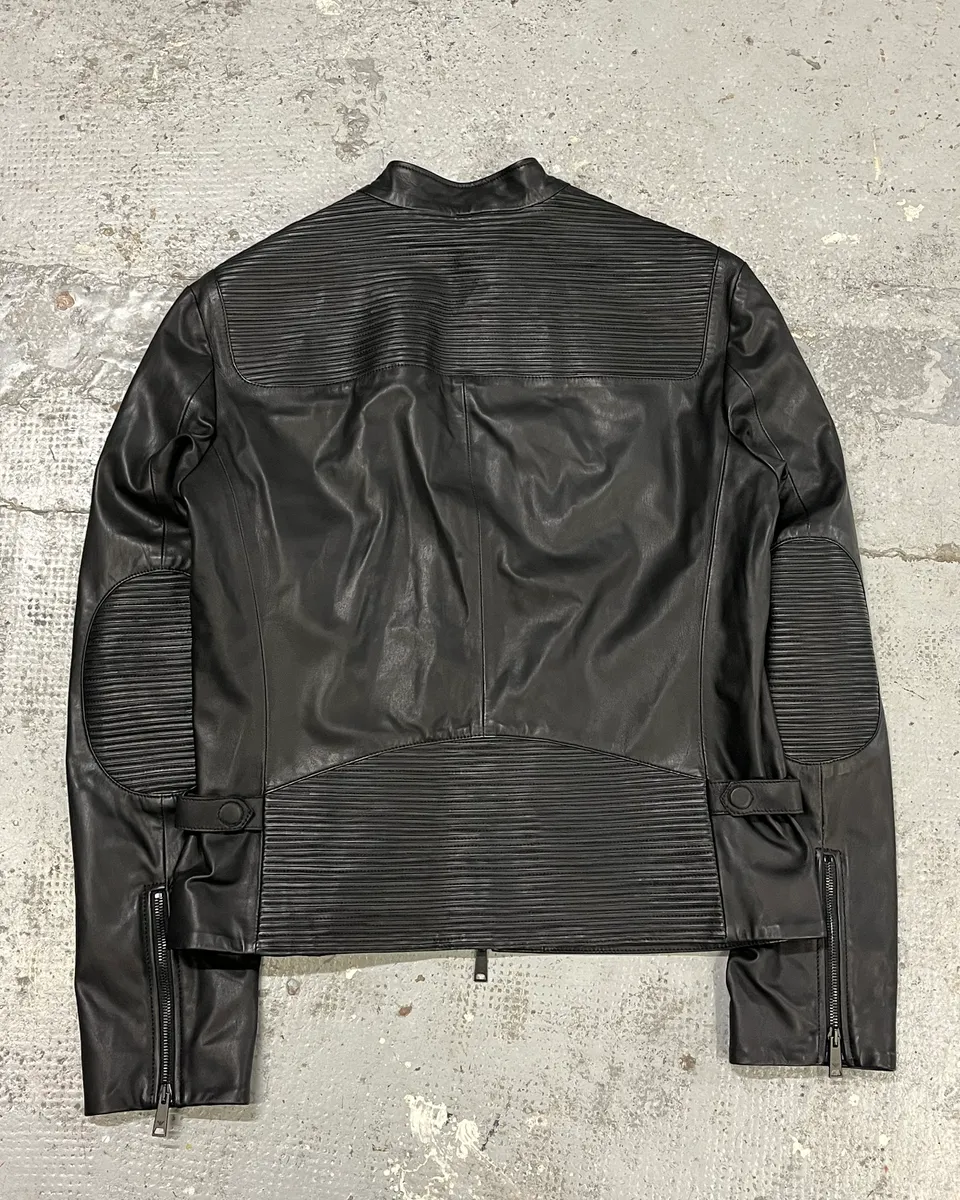 SS2017 Emporio Armani Biker Padded Black Leather Jacket - Image 5