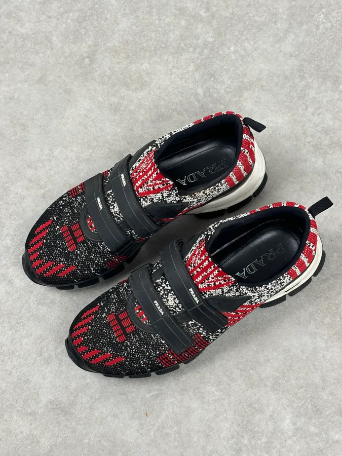 SS2018 Prada Red Black Knit Jacquard Low-Top Sneakers - Image 6