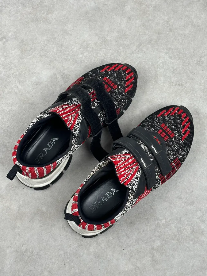 SS2018 Prada Red Black Knit Jacquard Low-Top Sneakers - Image 8