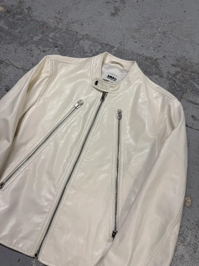SS2020 Maison Margiela MM6 5 Zip White Leather Biker Jacket - Image 4
