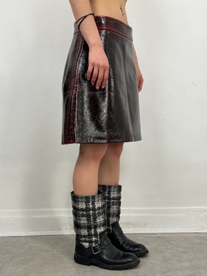SS2020 Miu Miu Burgundy Leather Metallic Mini Skirt - Image 3
