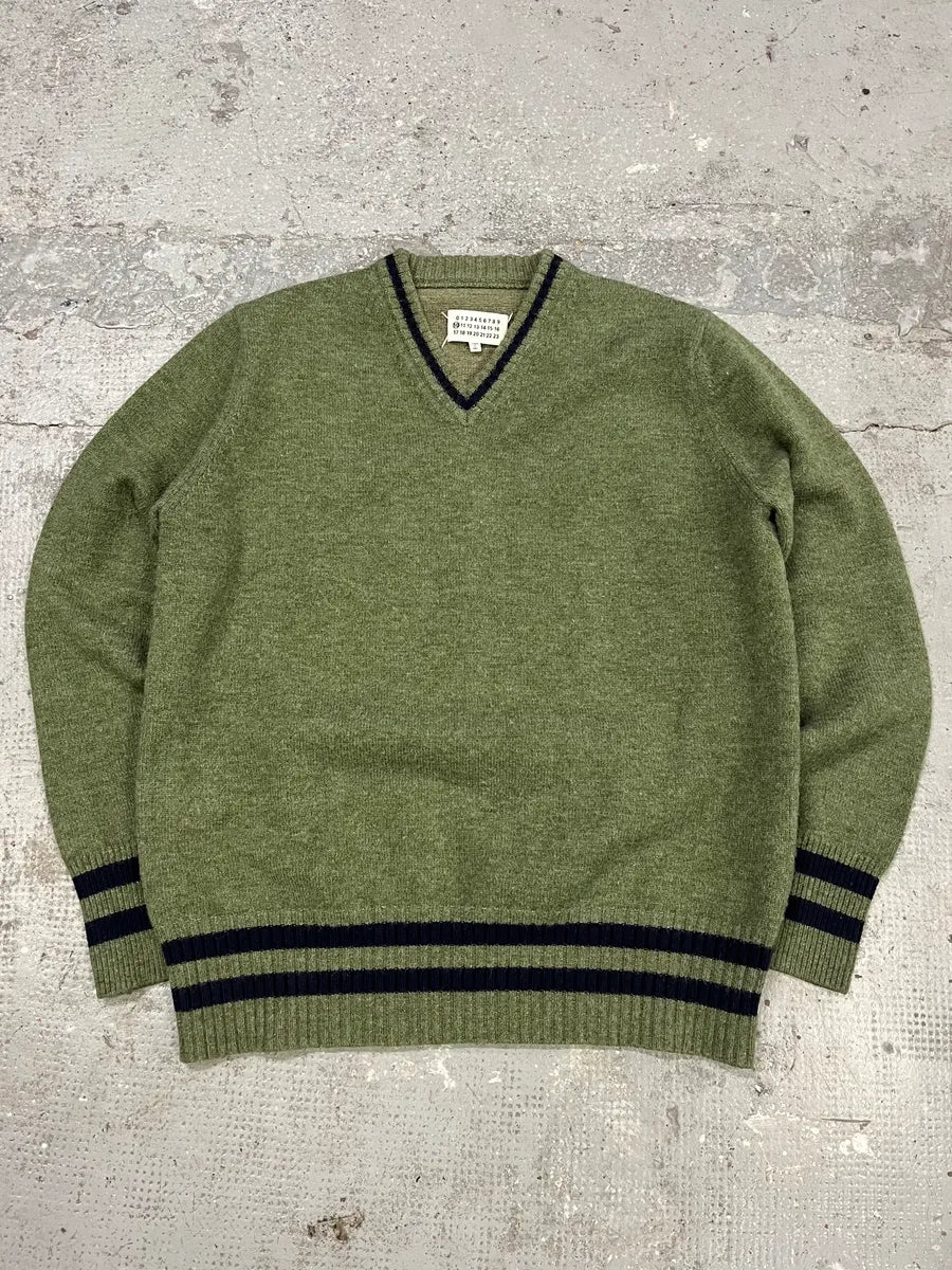 SS2021 Maison Margiela Olive V Neck Knit Wool Sweater
