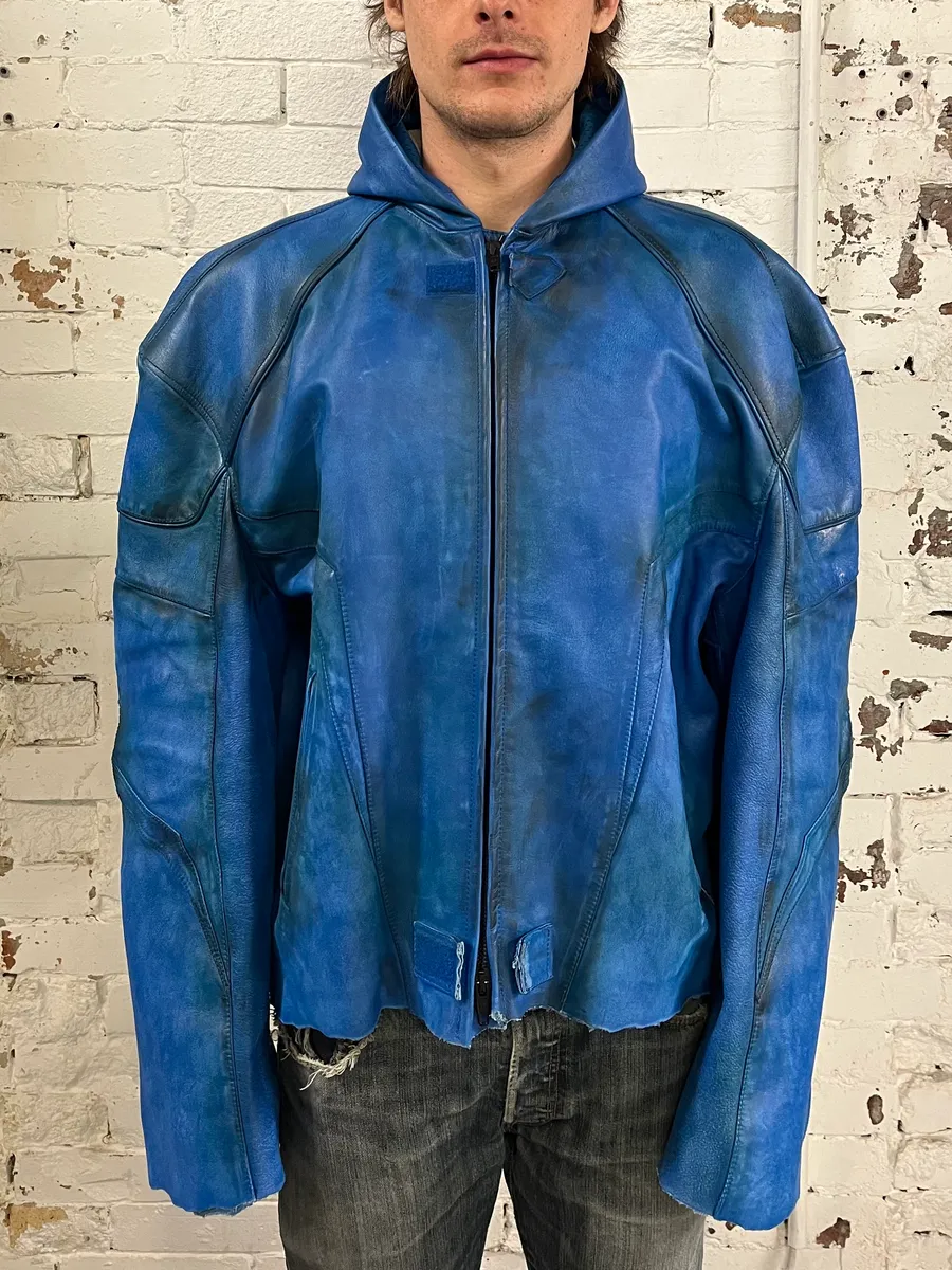 SS2024 Balenciaga Futuristic Armor Blue Leather Jacket - Image 3