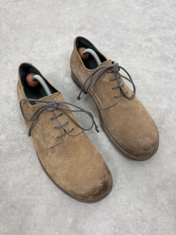The Last Conspiracy Beige Suede Leather Eroded Derby Shoes - Image 4