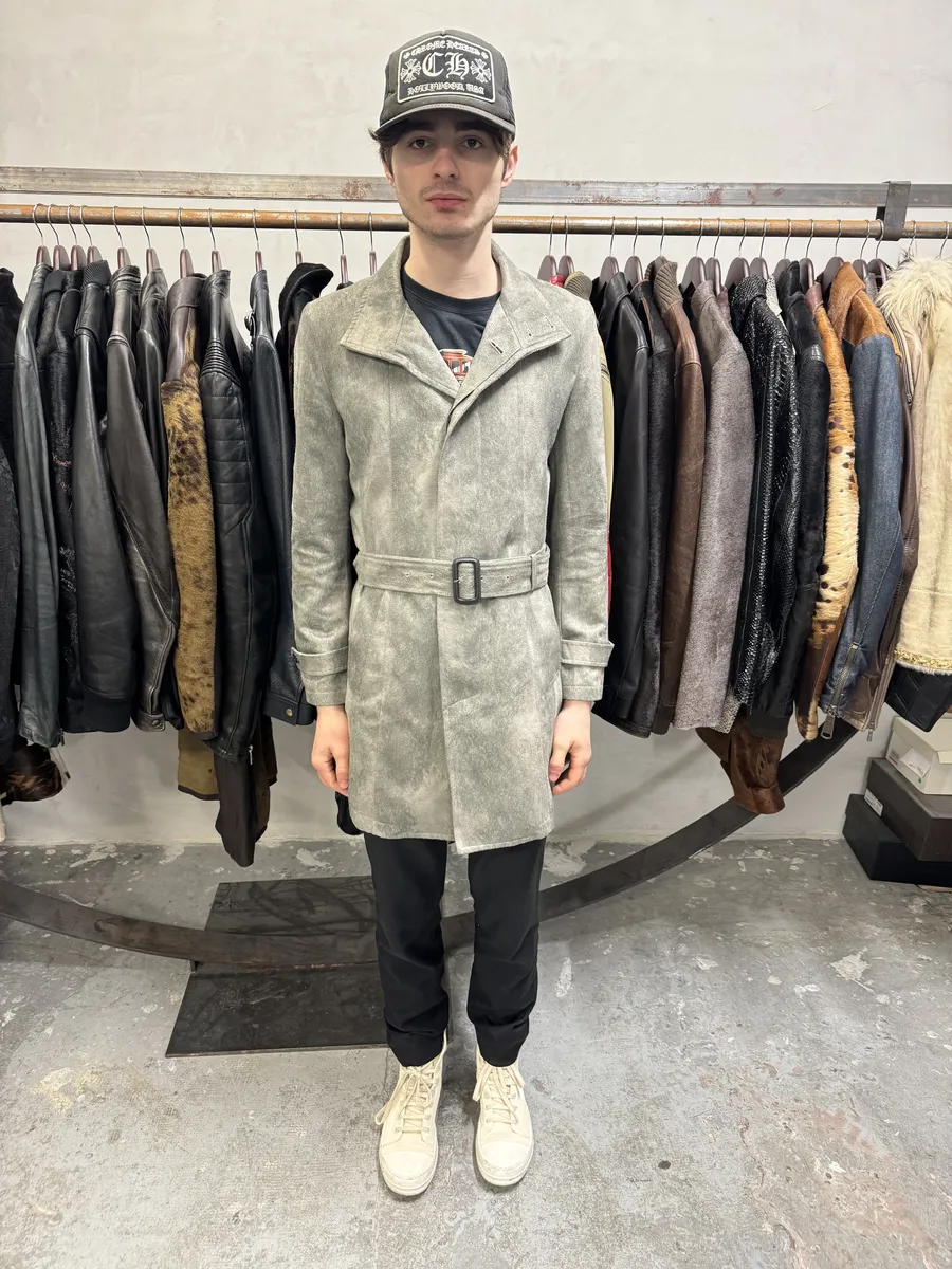 Tornado Mart Grey Suede Belted Trench Jacket - Image 4