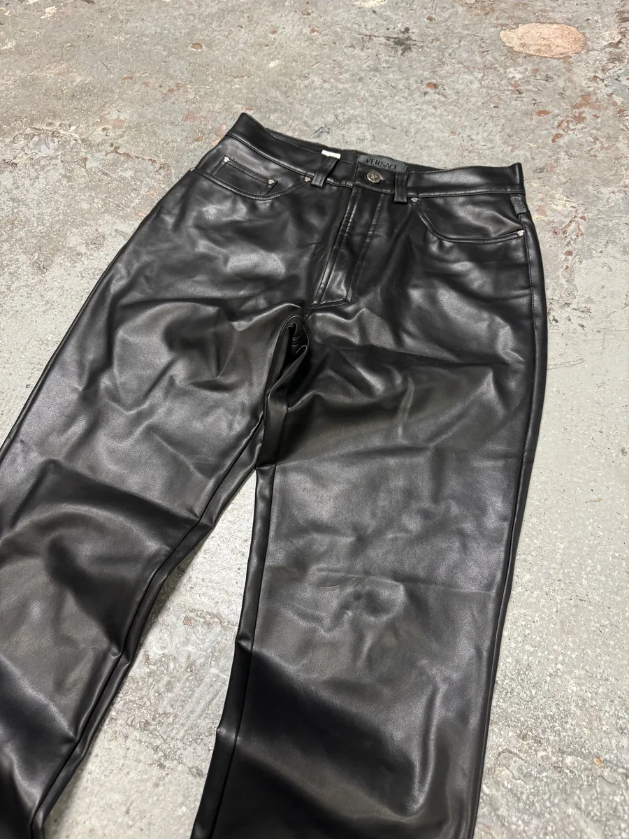 Versace Black Eco Leather Matrix Pants - Image 7