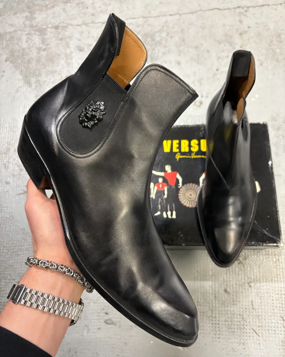 Versace Black Leather Classy Chelsea Biker Boots