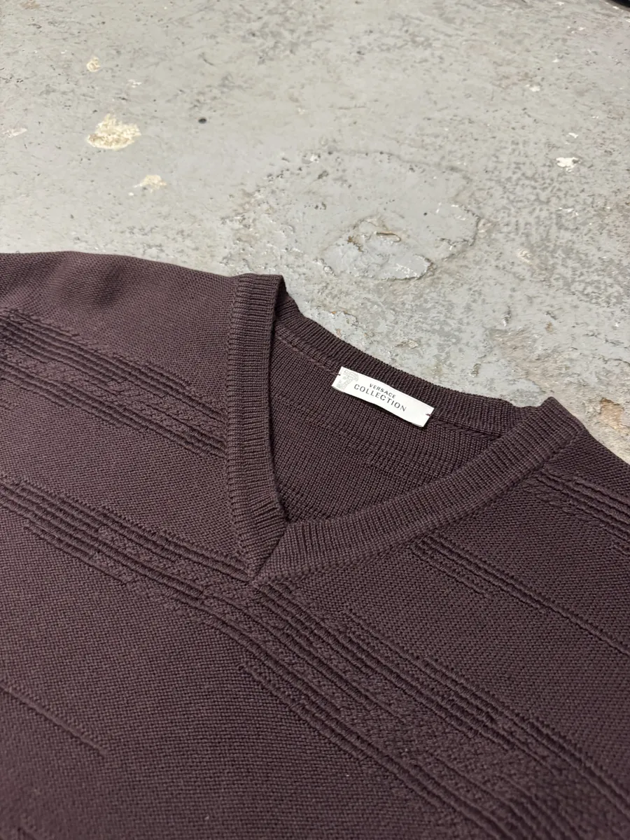 Versace Black V Neck Bordeaux Wool Sweater - Image 7