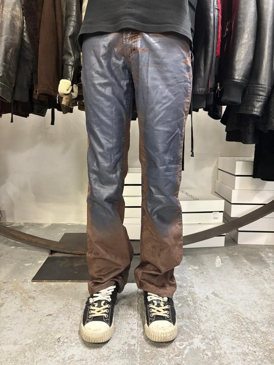Versace Brown & Navy Waxed Effect Pants - Image 2