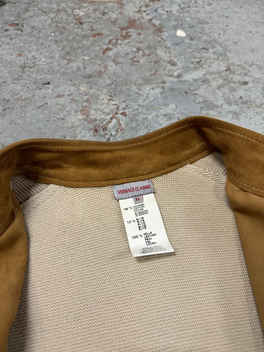 Versace Hybrown Camel Leather & Cotton Zip-up Biker Jacket - Image 7