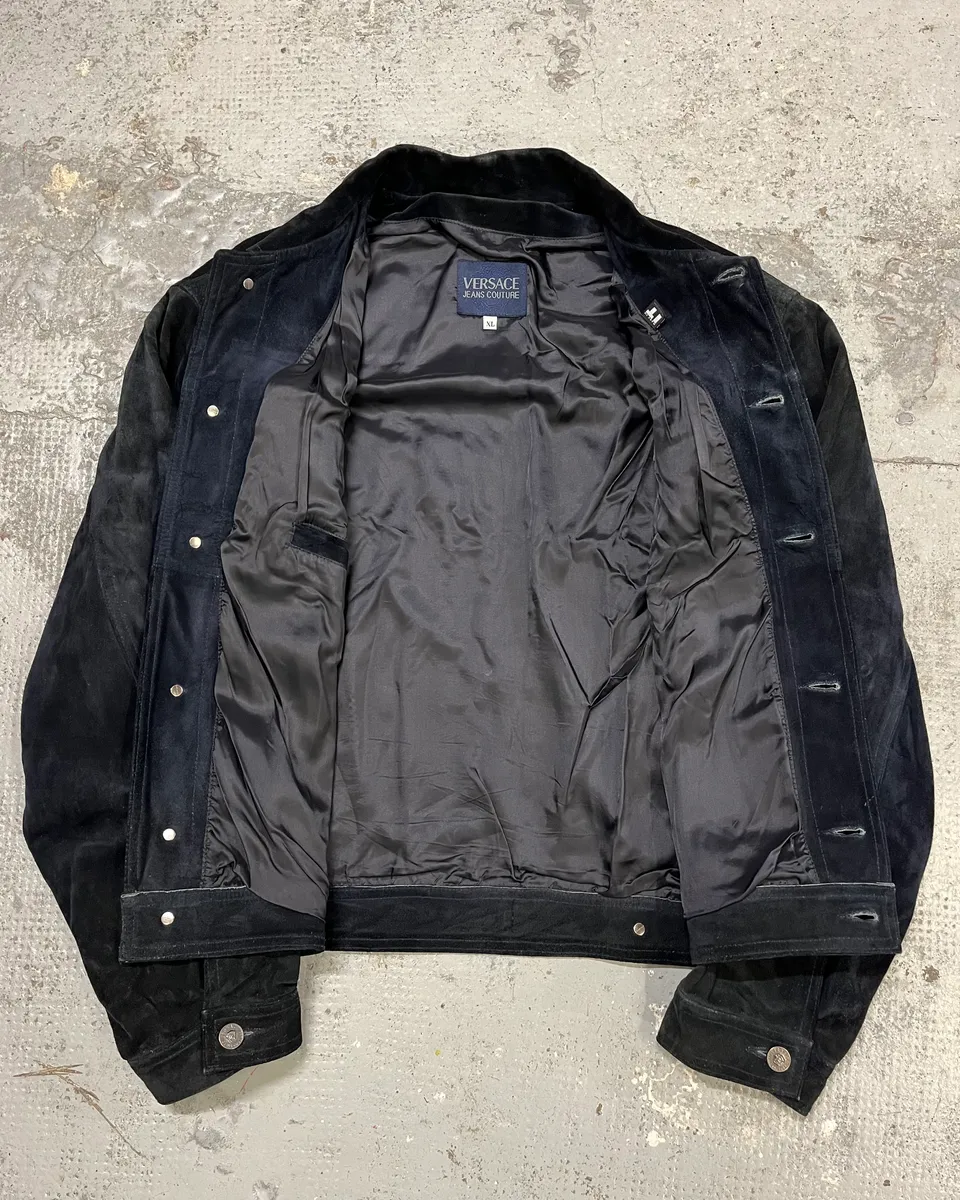 Versace Navy Suede Leather Trucker Jacket - Image 8