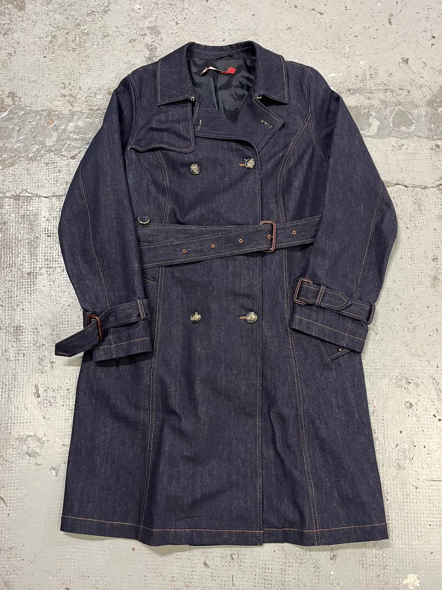 Vintage Double-Breasted Belted Navy Denim Trench Coat - Image 3