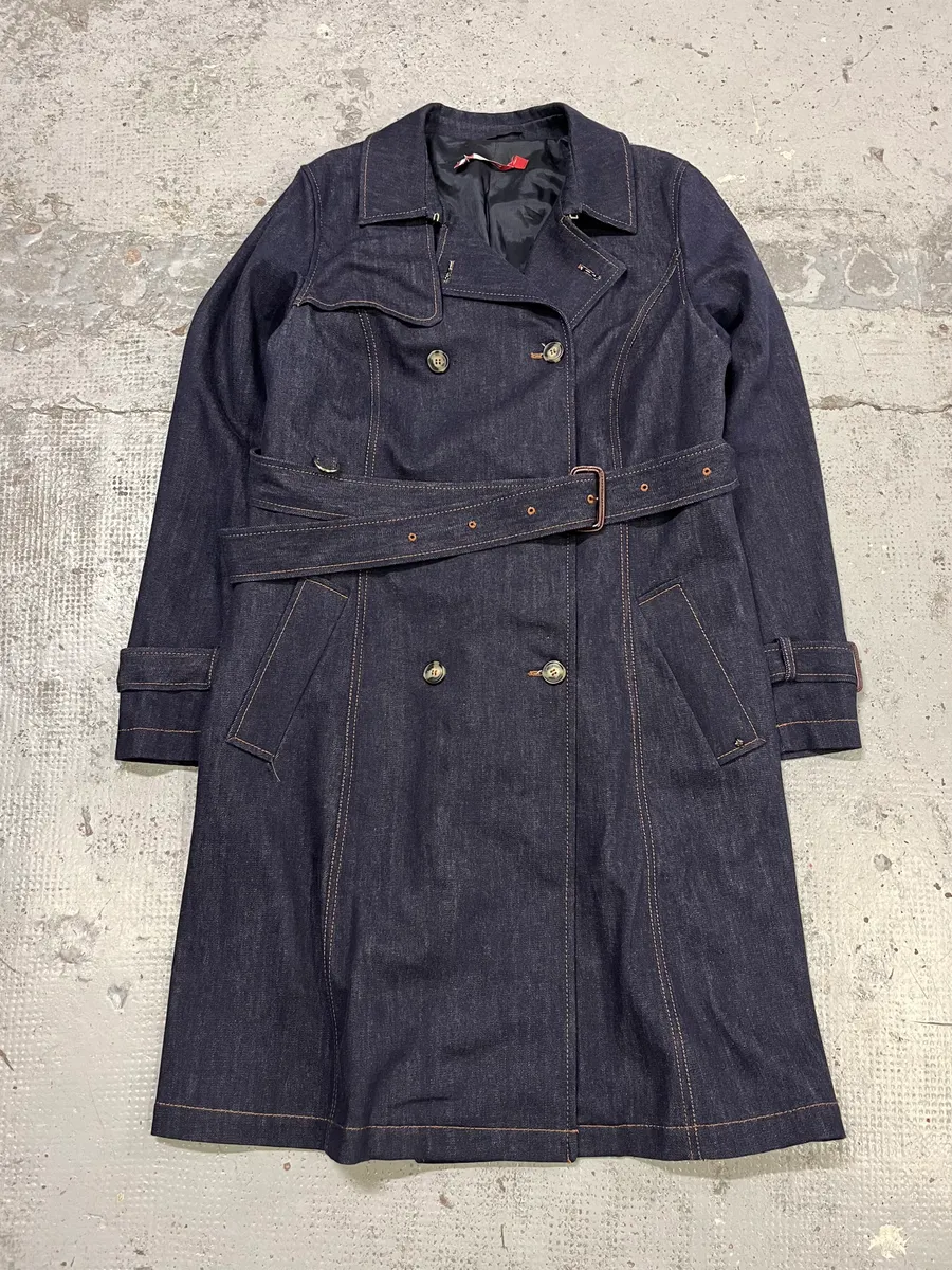 Vintage Double-Breasted Belted Navy Denim Trench Coat - Image 4