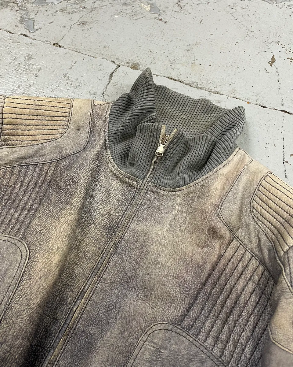 Vintage Grey Ribbed Sleeves Moto Leather Jacket - Image 5