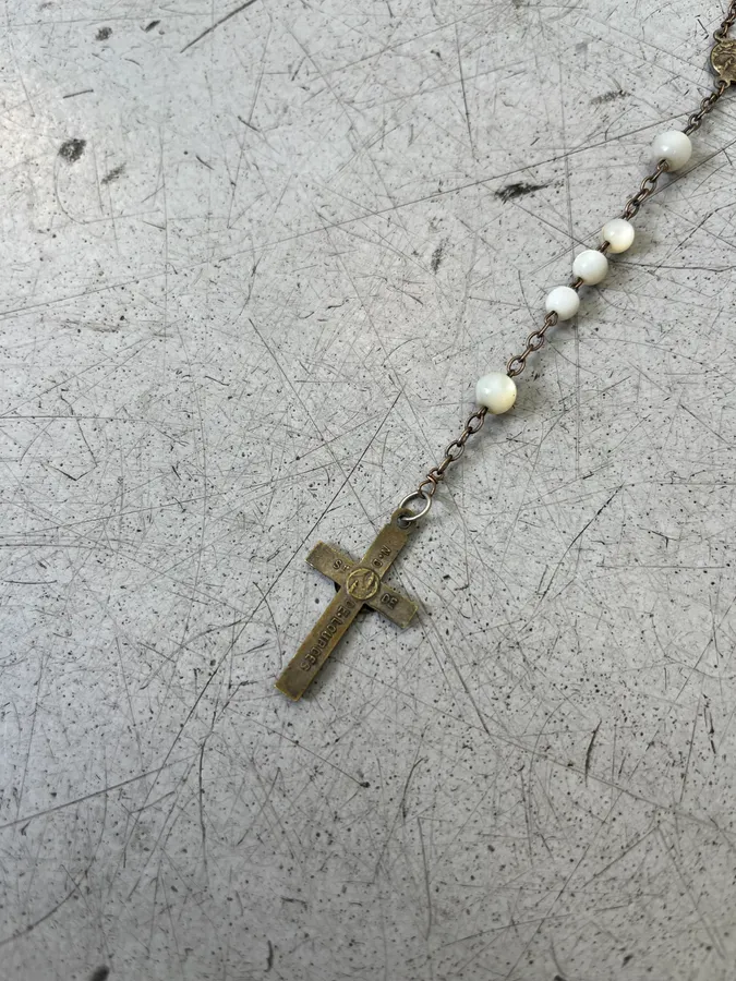Vintage Rosary Cross Pendant White Necklace - Image 6