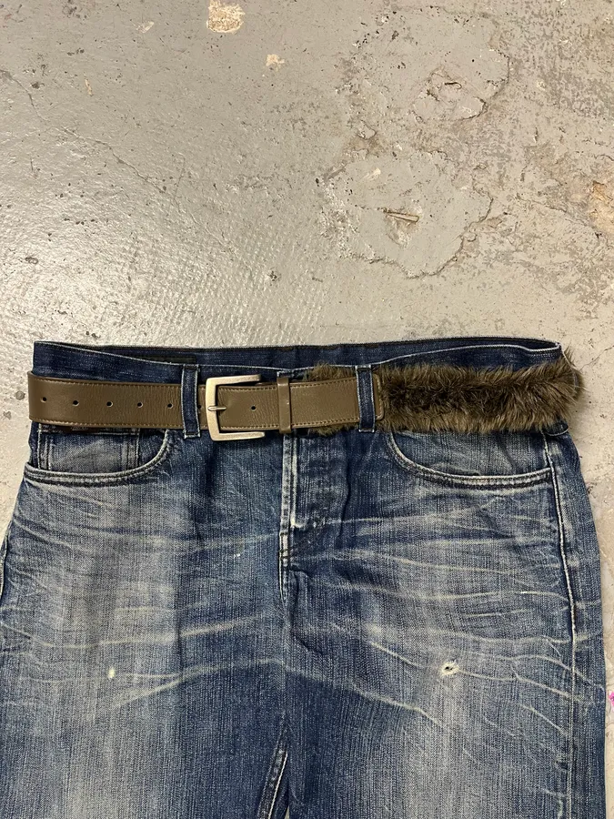 Yohji Yamamoto Khaki Fur Leather Belt - Image 2