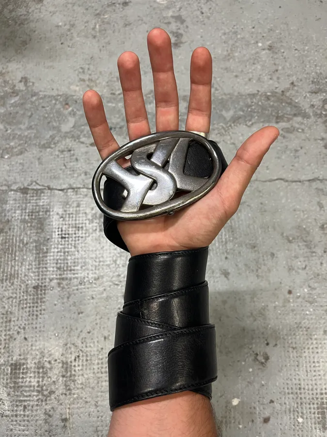 Yves Saint Laurent Black Leather Silver Buckle Belt