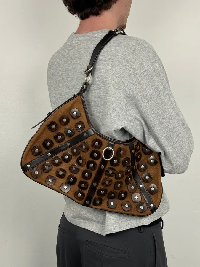 Yves Saint Laurent Brown Leather Wood Studded Shoulder Bag - Image 3