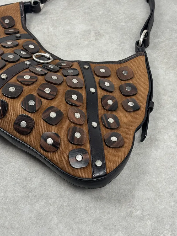 Yves Saint Laurent Brown Leather Wood Studded Shoulder Bag - Image 6