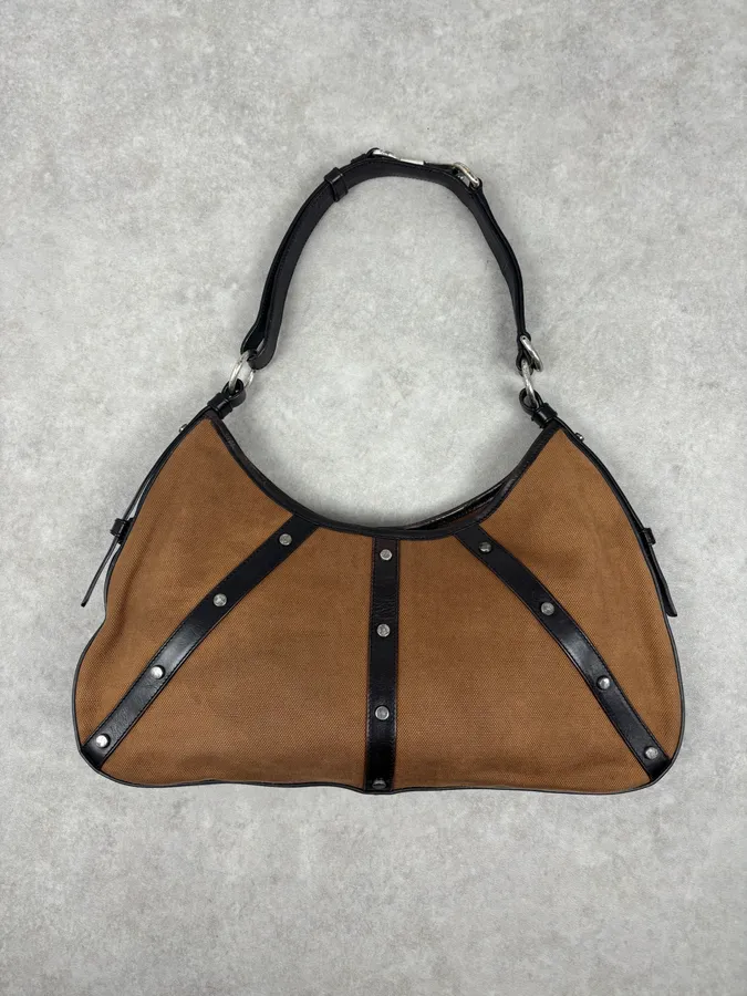 Yves Saint Laurent Brown Leather Wood Studded Shoulder Bag - Image 8