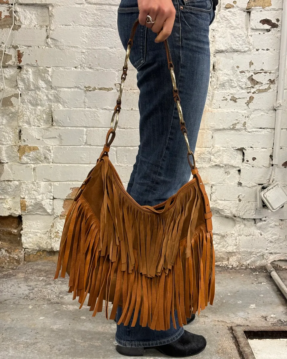 Yves Saint Laurent Camel Suede Layered Fringe Hobo Bag - Image 3