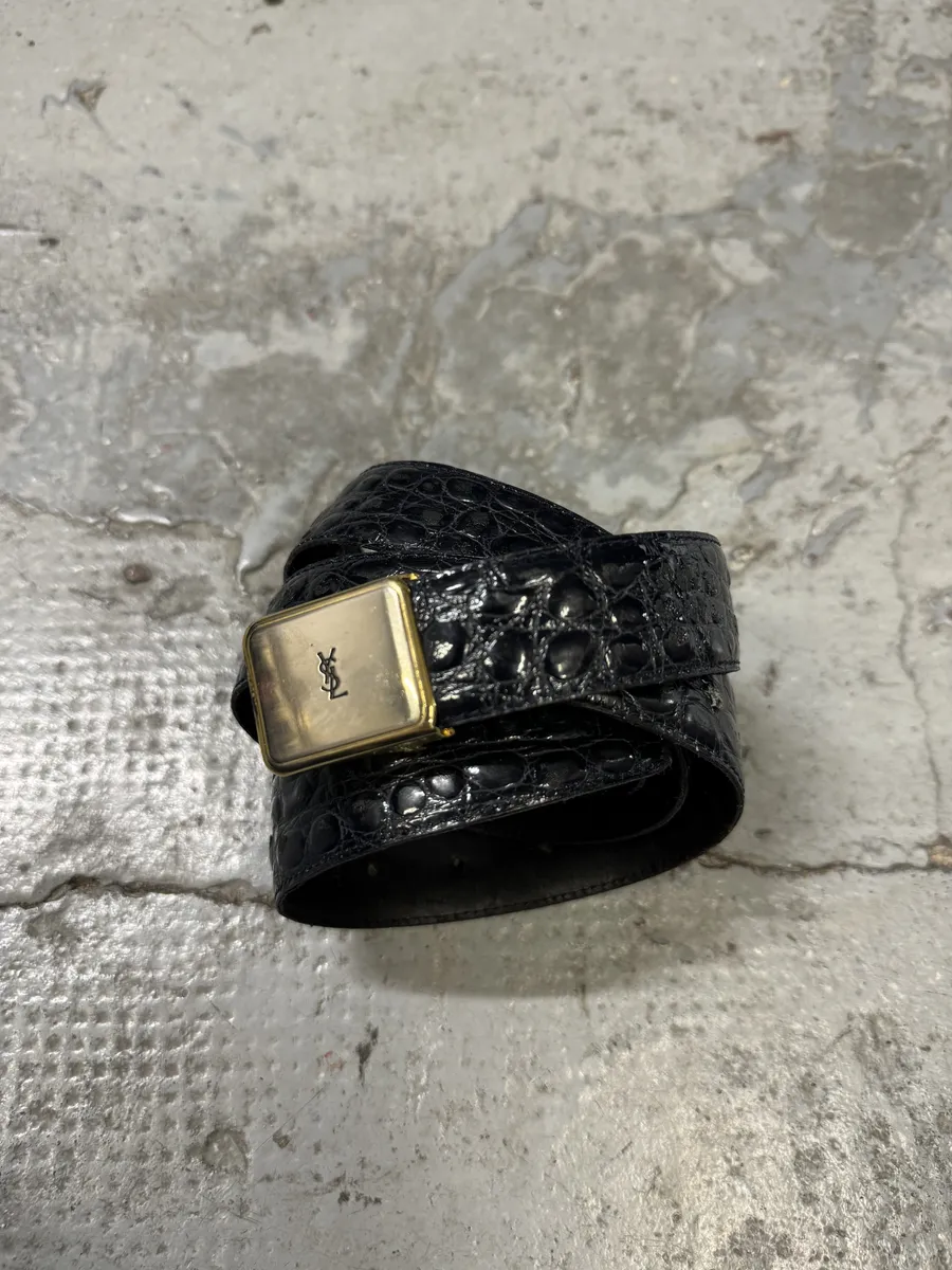 Yves Saint Laurent Dark Navy Leather Crocodile Effect Belt - Image 9