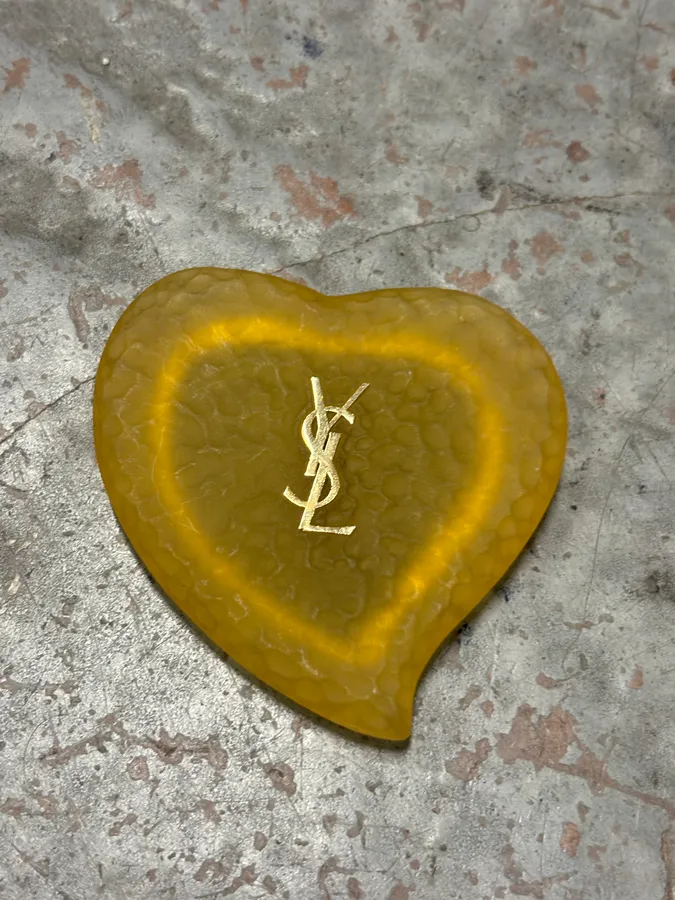 Yves Saint Laurent Mustard Resin Heart-Shaped Compact Mirror YSL Logo - Image 2