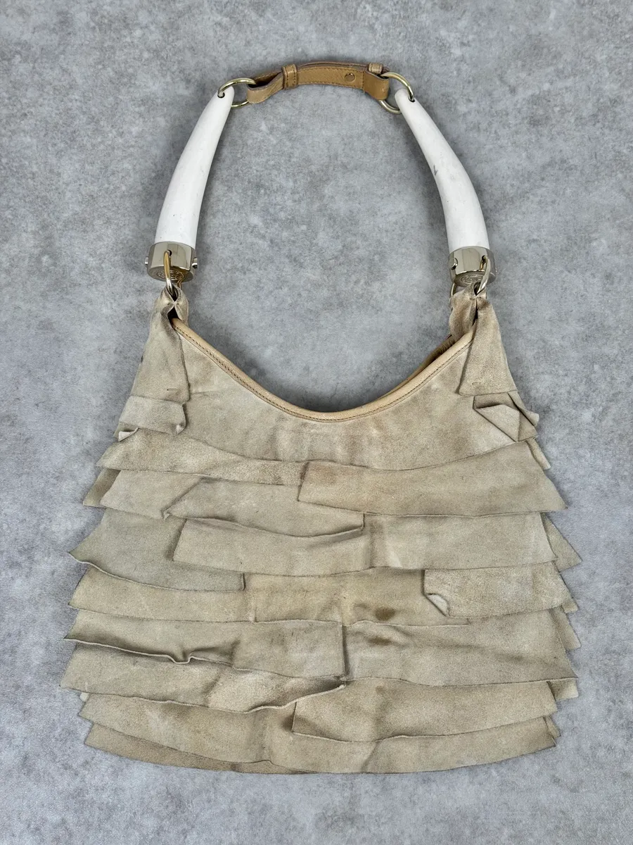 Yves Saint Laurent Saint Tropez Beige Suede Leather Horn Handle Bag - Image 4