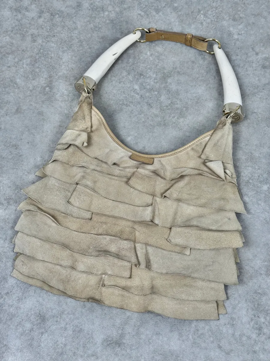 Yves Saint Laurent Saint Tropez Beige Suede Leather Horn Handle Bag - Image 5