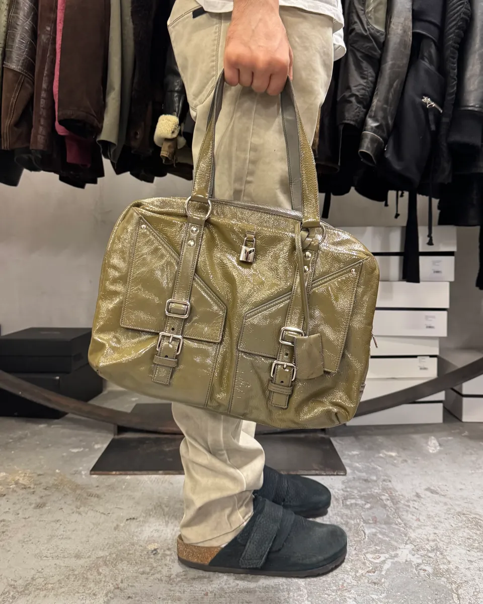 Yves Saint Laurent Shiny Olive Leather Handle Bag - Image 2